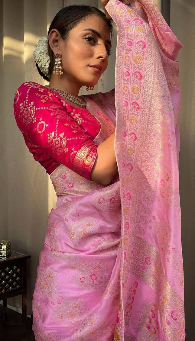 Onion Pink Banarasi Soft Silk Saree