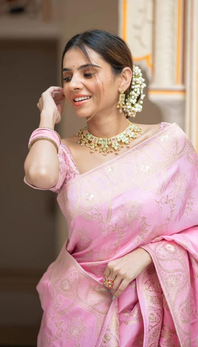 Hema Onion Pink Banarasi Silk Saree WIth Fabulouse Blouse Piece