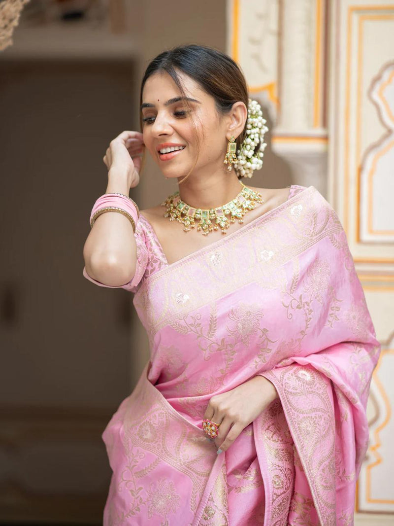 Hema Onion Pink Banarasi Silk Saree WIth Fabulouse Blouse Piece