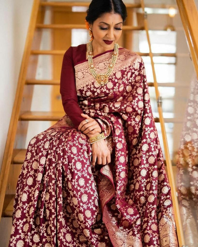 Wine Banarasi Silk Saree