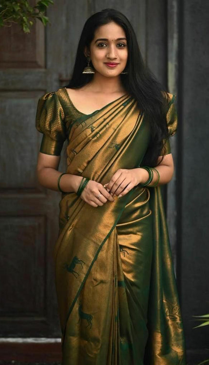 Dark Green Soft Lichi Silk Jacquard Saree