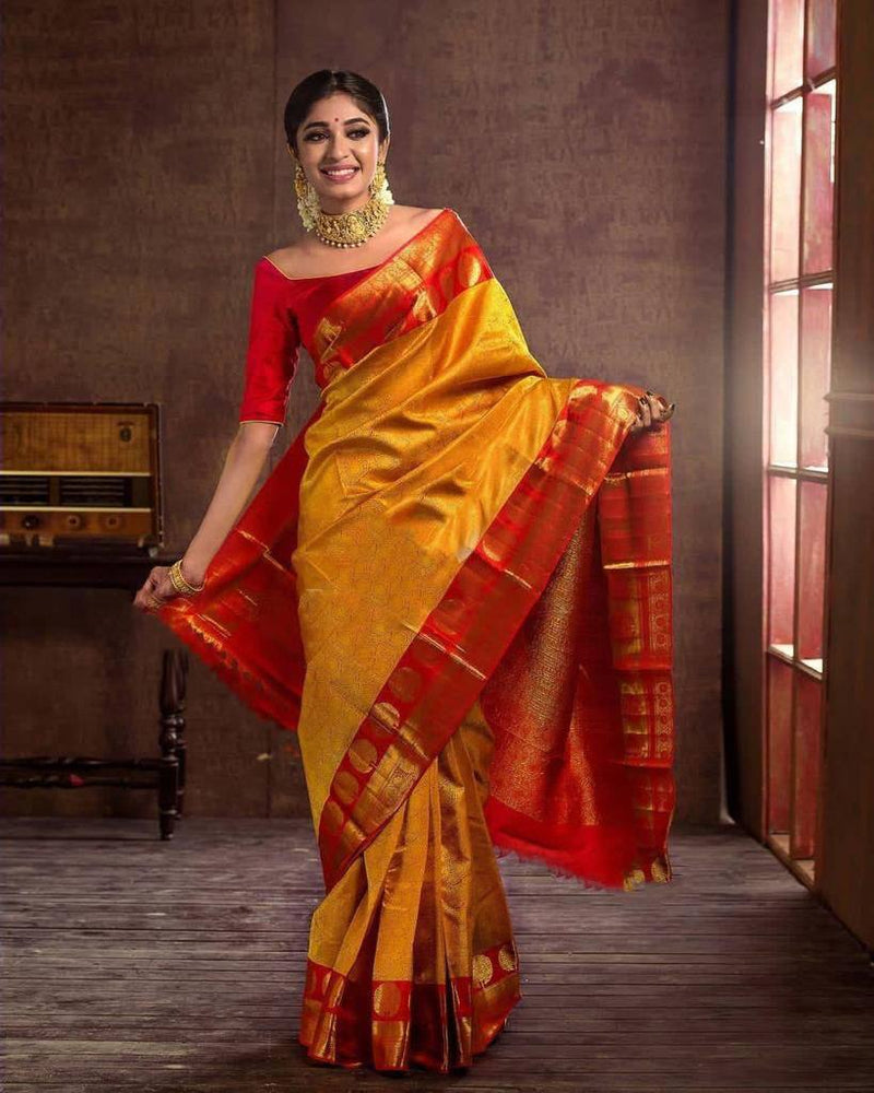 Adorning Yellow Soft Banarasi Silk Saree