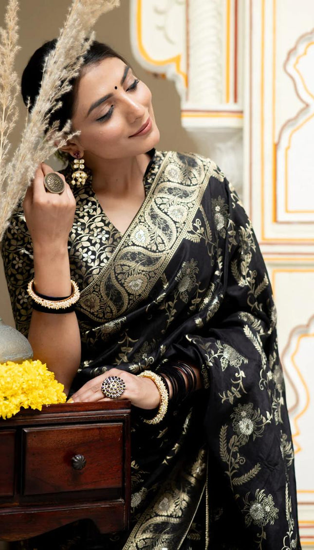 Hema Black Banarasi Silk Saree WIth Fabulouse Blouse Piece