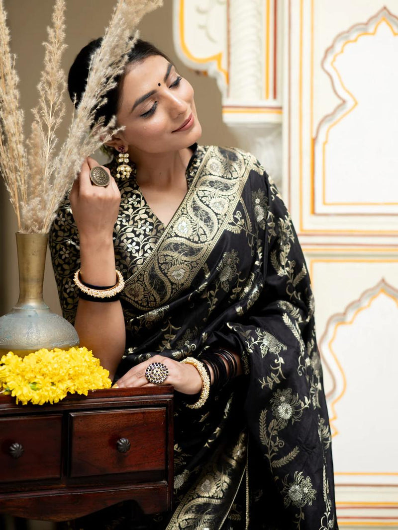 Hema Black Banarasi Silk Saree WIth Fabulouse Blouse Piece