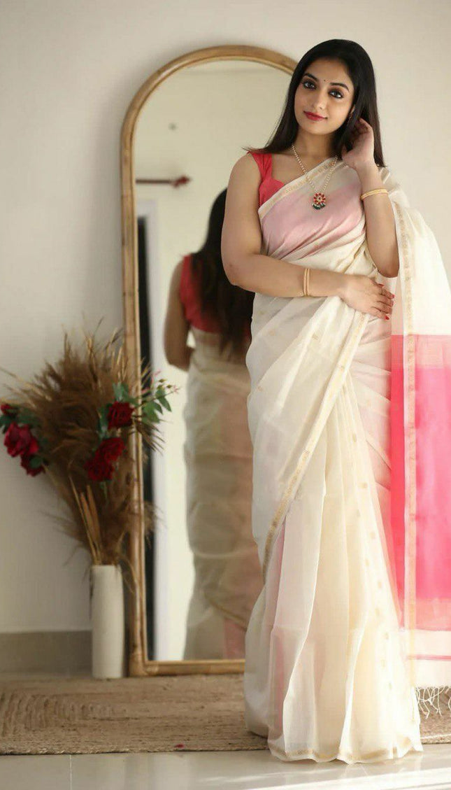 Off White Jacquard Soft Silk Saree
