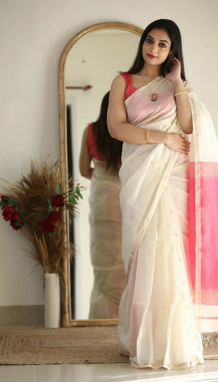 Off White Jacquard Soft Silk Saree
