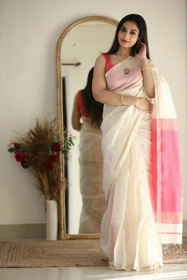 Off White Jacquard Soft Silk Saree