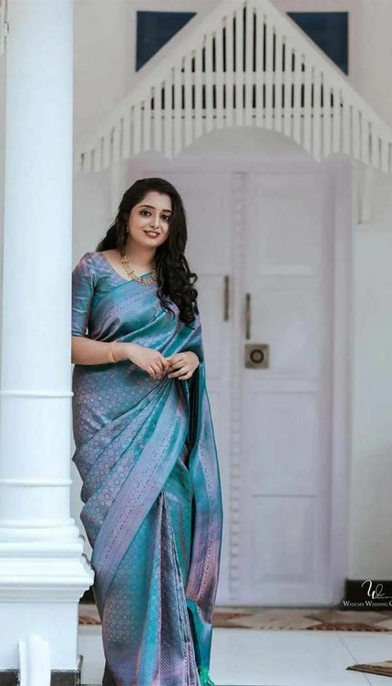 Sizzling Firozi Soft Silk Saree