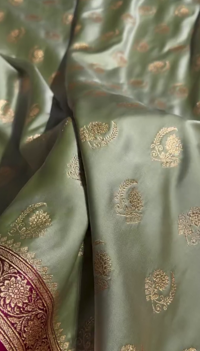 Charulata - Green Katan Silk Saree with Zari Boota and Pink Border