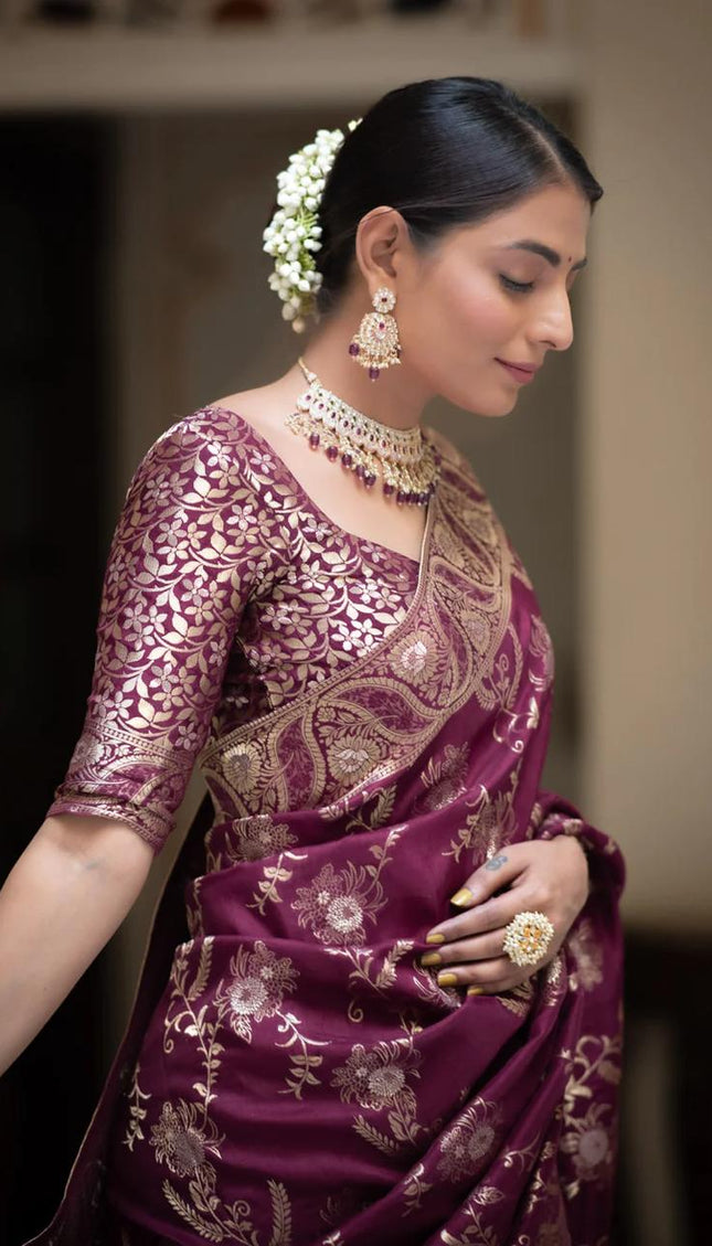 Hema Wine Banarasi Silk Saree WIth Fabulouse Blouse Piece