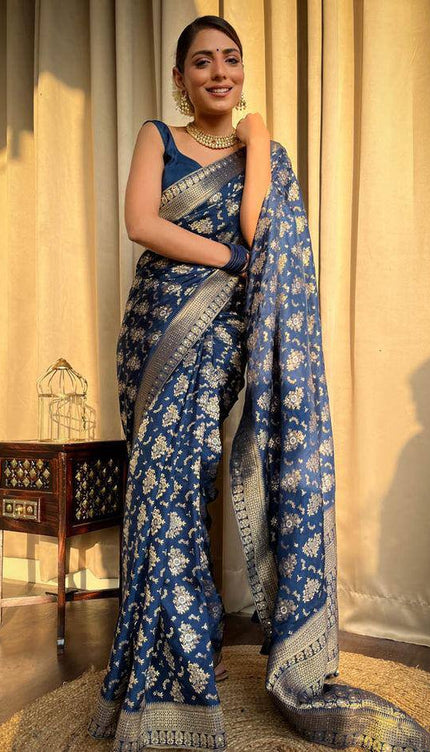 Blue Colour Pure Soft Silk Saree With Twirling Blouse Piece