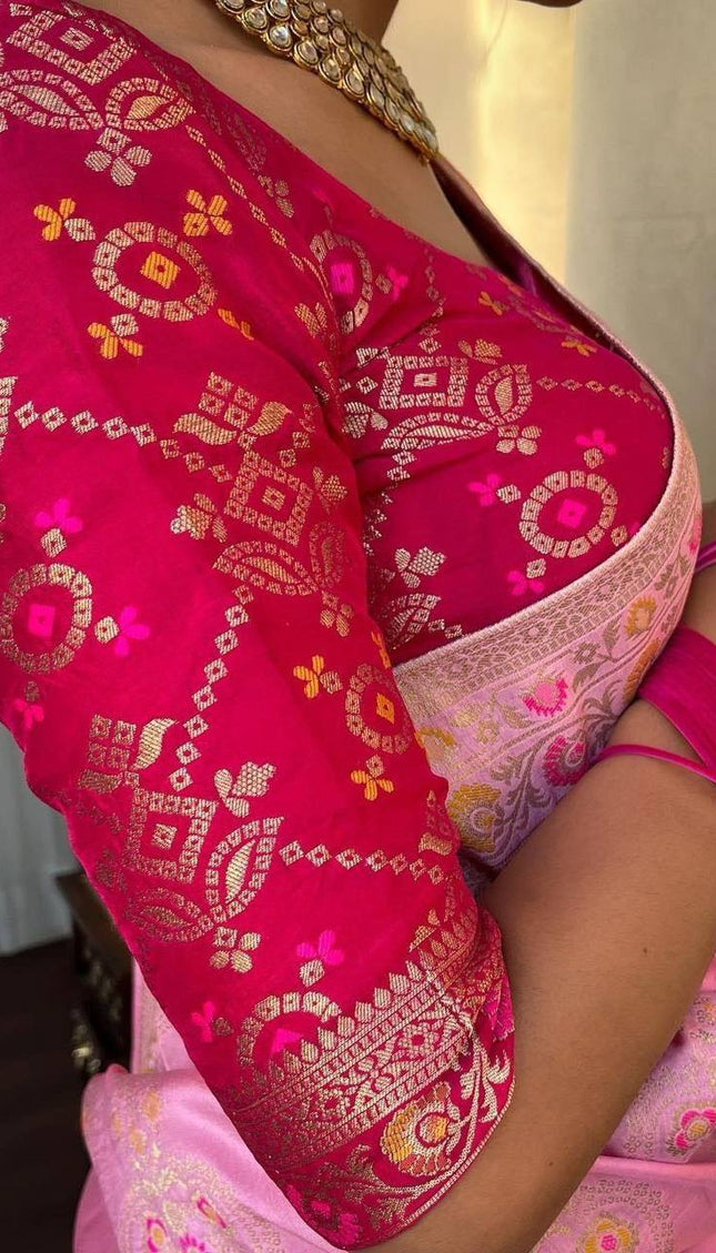 Onion Pink Banarasi Soft Silk Saree