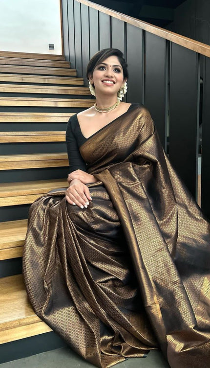 Black Golden Butti Soft Banarasi Silk Saree With Attached Blouse