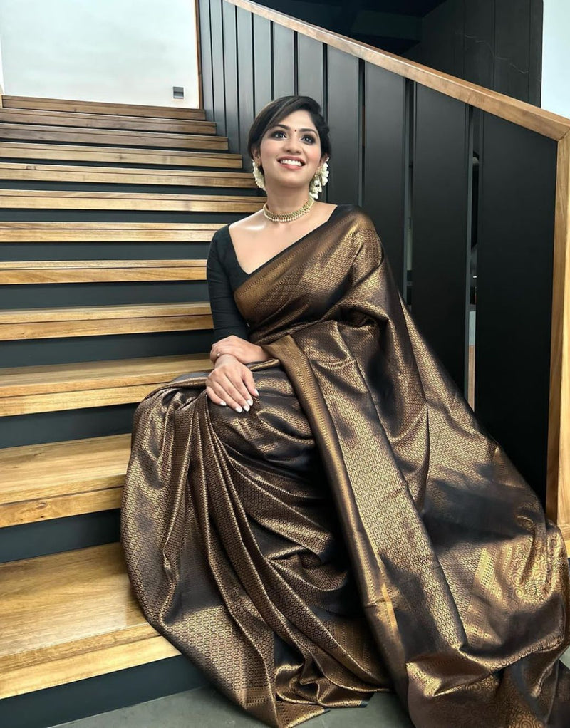 Black Golden Butti Soft Banarasi Silk Saree With Attached Blouse