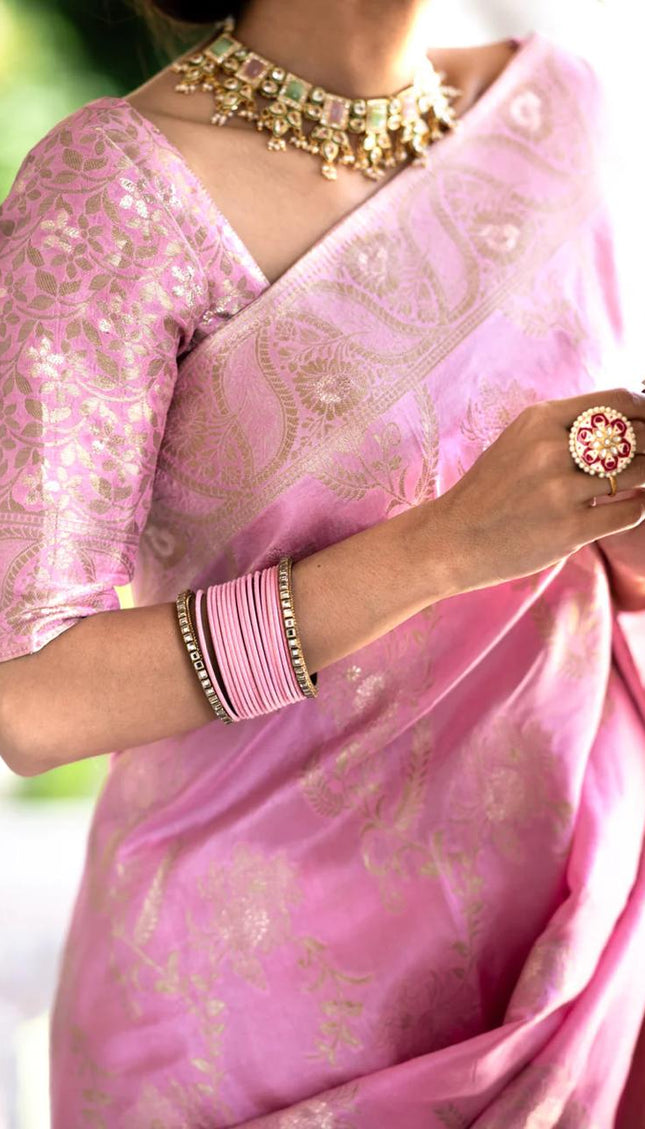 Hema Onion Pink Banarasi Silk Saree WIth Fabulouse Blouse Piece