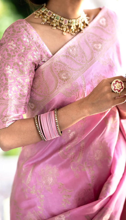 Hema Onion Pink Banarasi Silk Saree WIth Fabulouse Blouse Piece