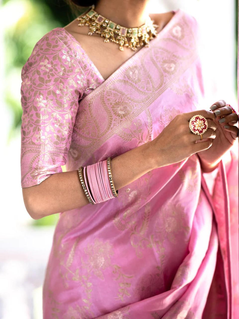 Hema Onion Pink Banarasi Silk Saree WIth Fabulouse Blouse Piece