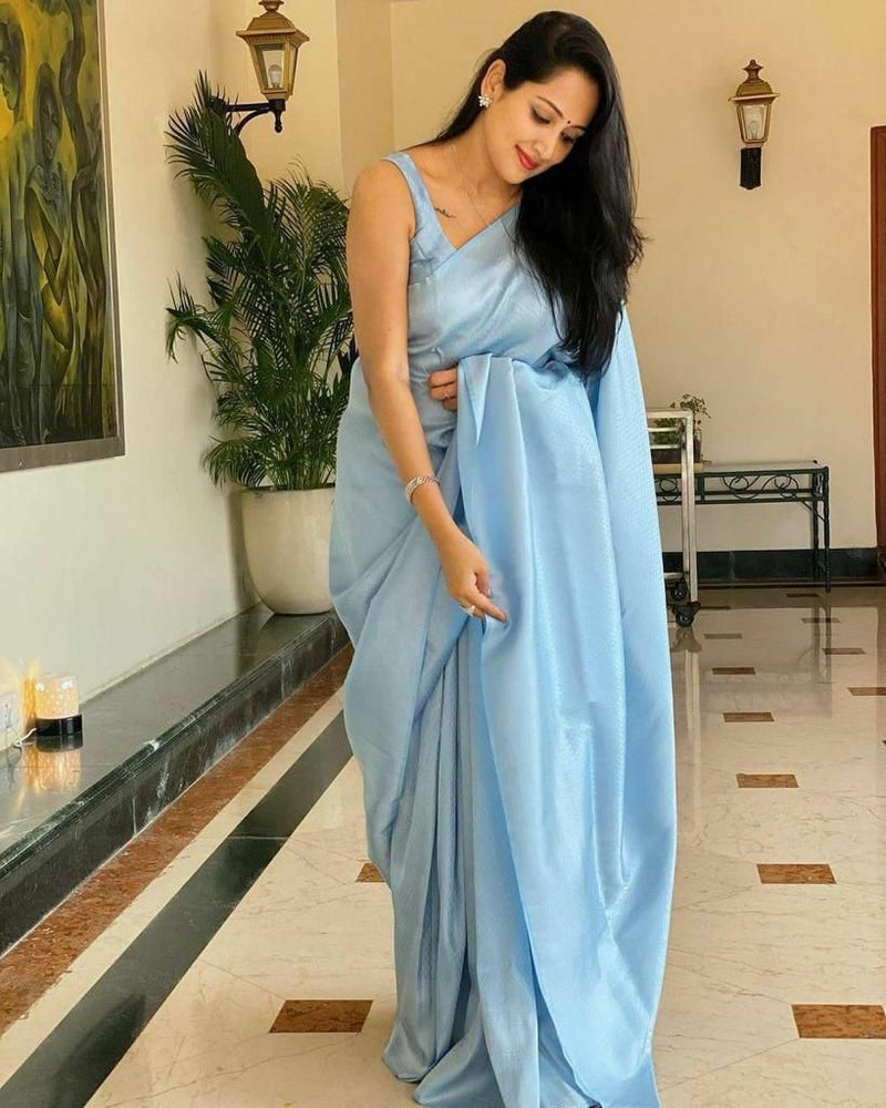 Ladies Sky Blue Color Soft Lichi Silk Saree