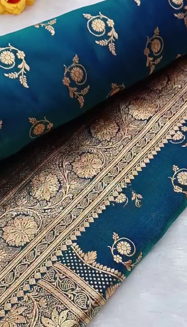 Prabhamati - Teal Banarasi Silk Saree with Zari Floral Weaving