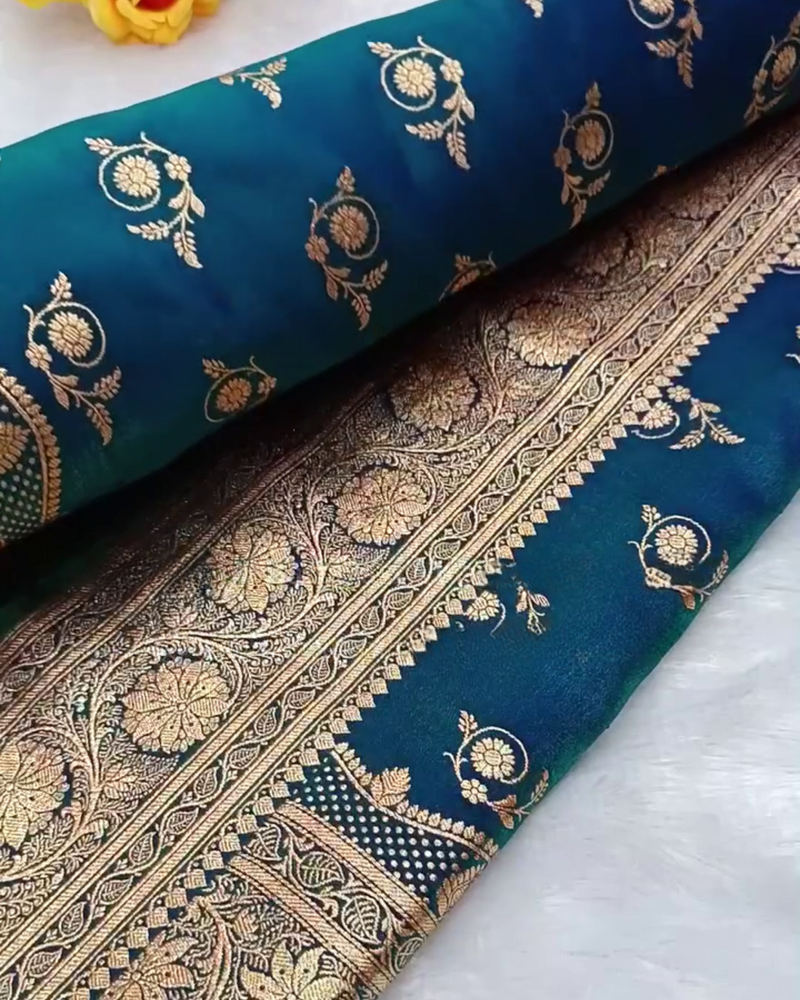 Prabhamati - Teal Banarasi Silk Saree with Zari Floral Weaving