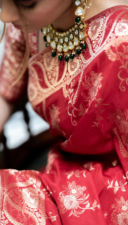 Hema Red Banarasi Silk Saree WIth Fabulouse Blouse Piece