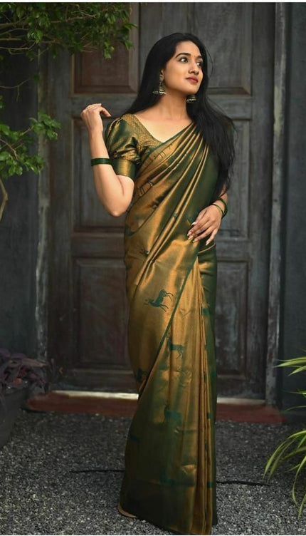Dark Green Soft Lichi Silk Jacquard Saree