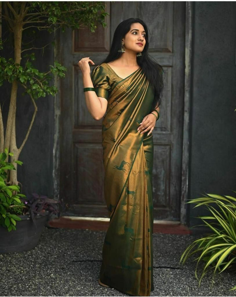 Dark Green Soft Lichi Silk Jacquard Saree