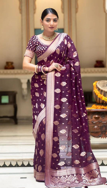 Wine Jacquard Work Banarasi Silk Saree