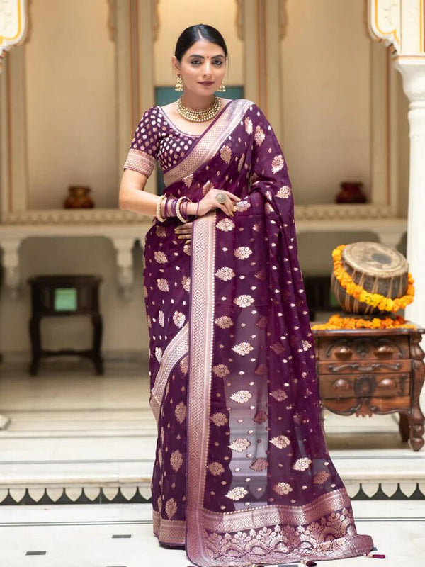 Wine Jacquard Work Banarasi Silk Saree