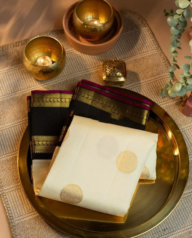 Valiba Reach Silk Cream White Color With Lovely Black Pallu Weaving Jacquard Bengali Saree