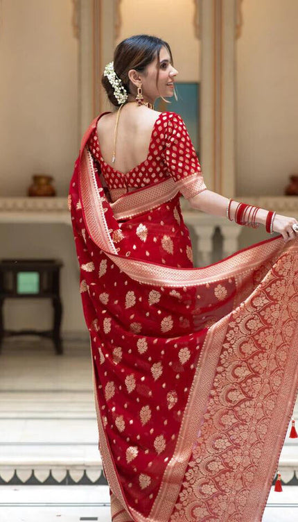 Scarlet Red Banarasi Soft Silk Saree
