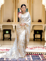 Hema White Banarasi Silk Saree WIth Fabulouse Blouse Piece