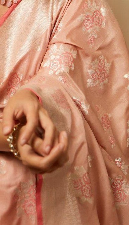 Peach Silk Saree With Weaving Work