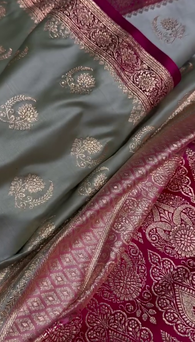 Charulata - Green Katan Silk Saree with Zari Boota and Pink Border