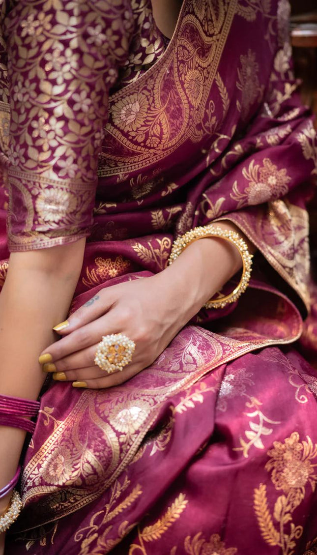 Hema Wine Banarasi Silk Saree WIth Fabulouse Blouse Piece