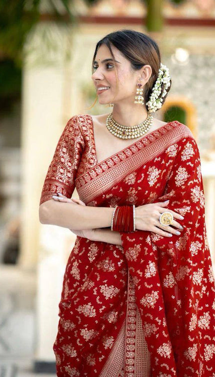 Demesne Red Soft Silk Saree With Nemesis Blouse Piece