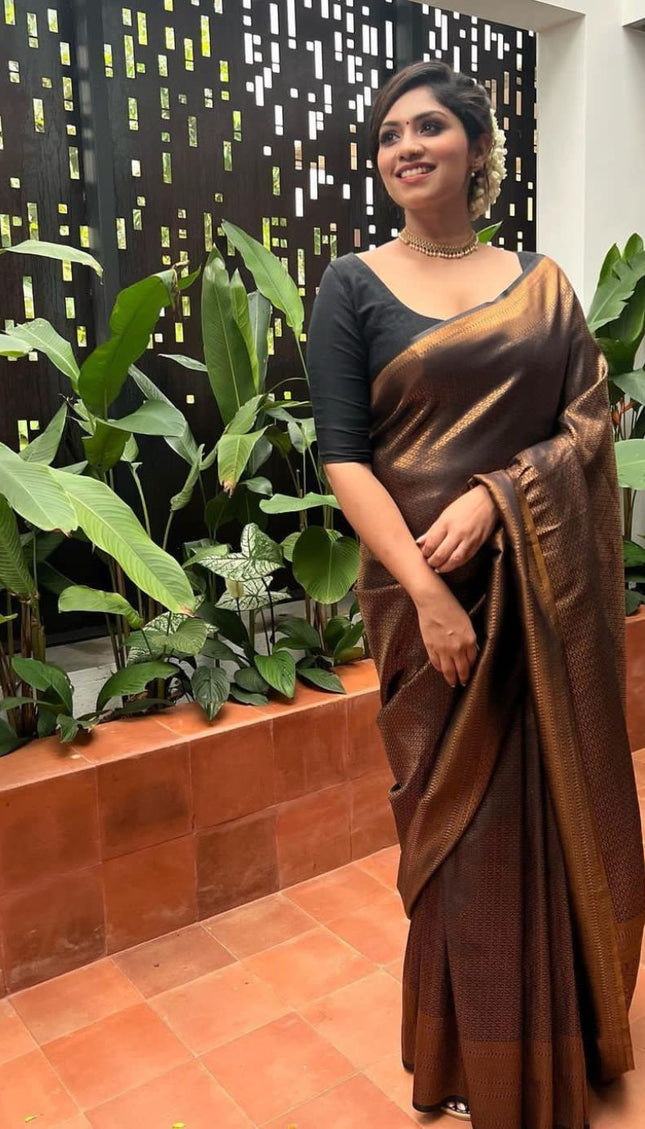 Black Golden Butti Soft Banarasi Silk Saree With Attached Blouse