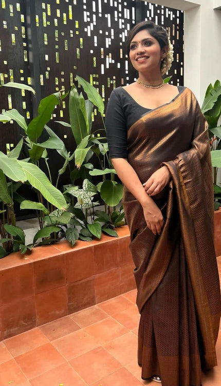Black Golden Butti Soft Banarasi Silk Saree With Attached Blouse