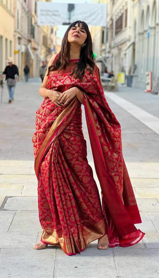 Dark Maroon Jacquard Work Saree