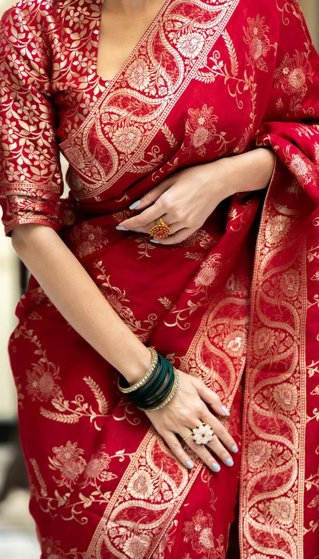 Hema Red Banarasi Silk Saree WIth Fabulouse Blouse Piece