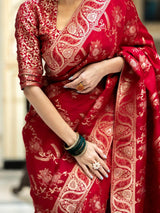 Hema Red Banarasi Silk Saree WIth Fabulouse Blouse Piece
