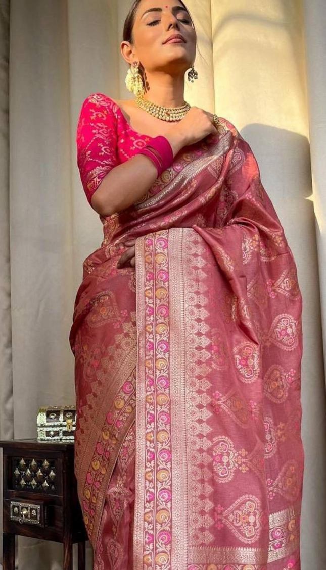 Tisha Pestal Pink Soft Banarasi Saree With Attached Blouse