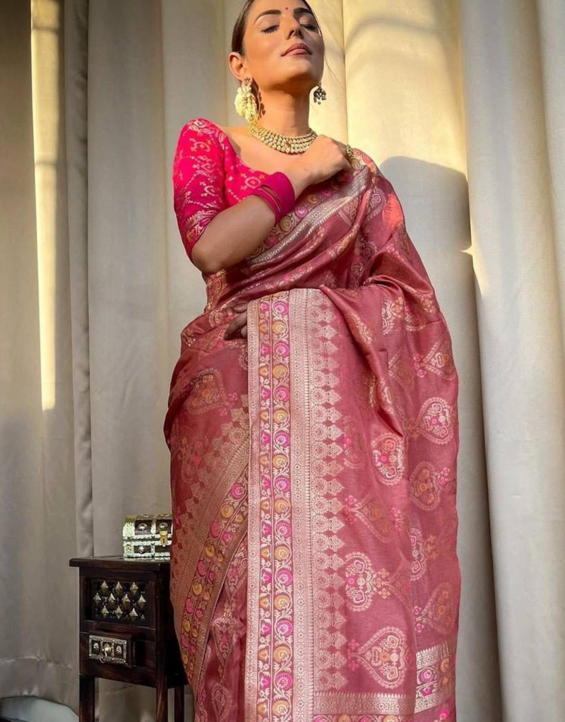 Tisha Pestal Pink Soft Banarasi Saree With Attached Blouse