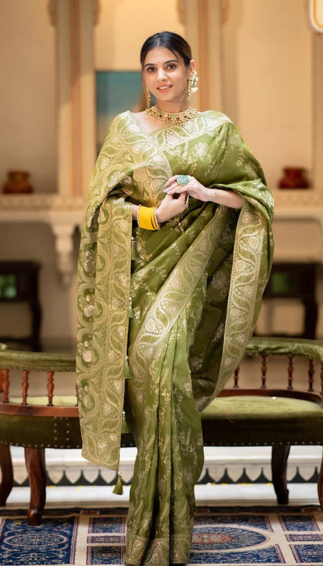 Hema Mahendi Banarasi Silk Saree WIth Fabulouse Blouse Piece