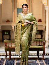 Hema Mahendi Banarasi Silk Saree WIth Fabulouse Blouse Piece