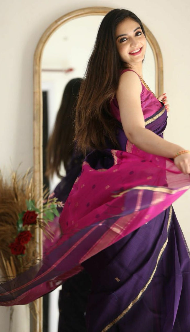 Luxuriant Purple Cotton Silk Saree