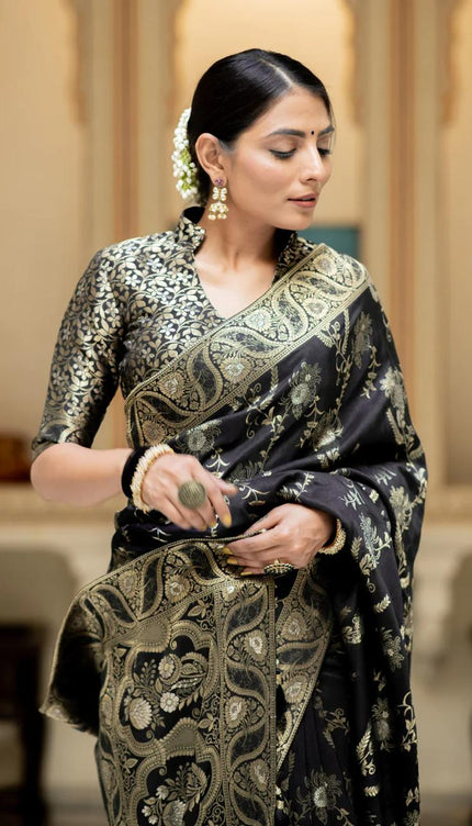 Hema Black Banarasi Silk Saree WIth Fabulouse Blouse Piece