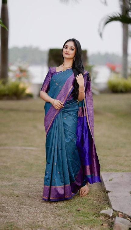 Blue Soft Lichi Silk Jacquard Work Saree