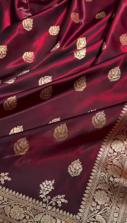 Royal Wine Red Banarasi Silk Saree with Zari Weaving & Pearl Border