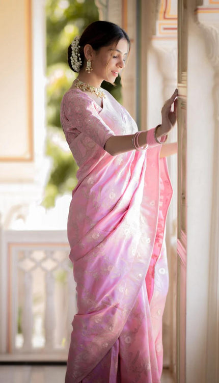 Hema Onion Pink Banarasi Silk Saree WIth Fabulouse Blouse Piece